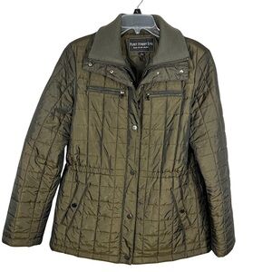 Fleet Street Jacket Size L Quilted Olive Front Zipper & Snaps Draw String Lined